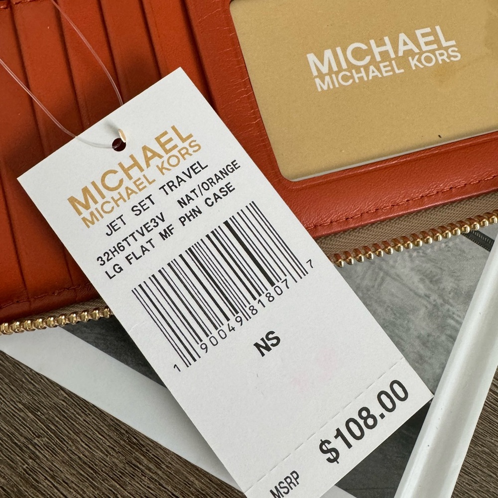 NWT MICHAEL KOR JET SET TRAVEL LARGE FLAT PHONE CASE WALLET MK NAT/ORANGE - Picture 7 of 8